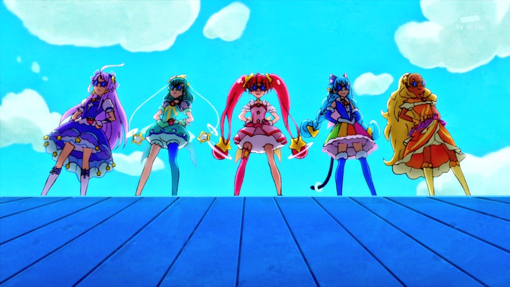 AIrzahn's tweet image. Star Twinkle Precure 💫
Travel back in time and remember the hilarious scenes in this episode of the space team story ... They appear in Precure form but disguise themselves as "Mihoshi Stars" with only black star glasses, it's really hilarious ~ ! 😄