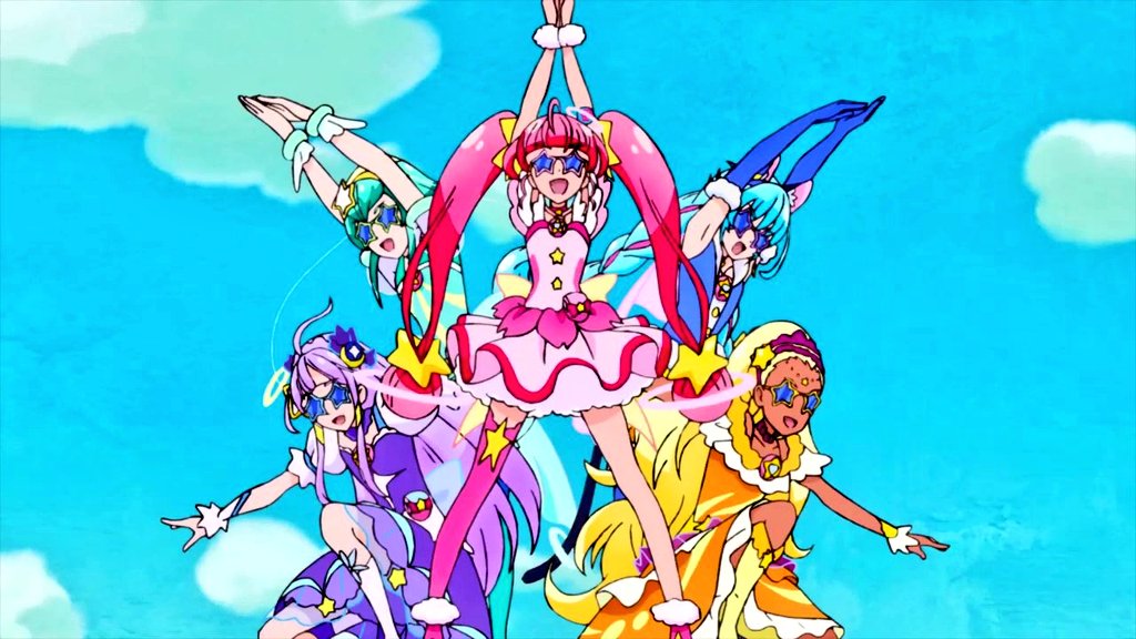 AIrzahn's tweet image. Star Twinkle Precure 💫
Travel back in time and remember the hilarious scenes in this episode of the space team story ... They appear in Precure form but disguise themselves as "Mihoshi Stars" with only black star glasses, it's really hilarious ~ ! 😄