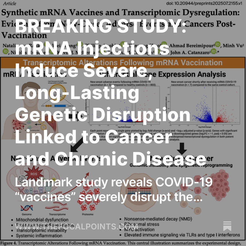 BREAKING STUDY: mRNA Injections Induce Severe, Long-Lasting Genetic Disruption Linked to Cancer and Chronic Disease

Landmark study reveals COVID-19 “vaccines” severely disrupt the expression of thousands of genes—triggering mitochondrial failure, immune reprogramming, and