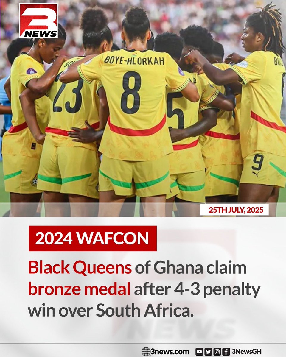 3NewsGH's tweet image. Ghana’s Black Queens have secured a bronze medal at the 2025 Women’s Africa Cup of Nations, defeating South Africa 4-3 in a nail-biting penalty shootout.
This marks the team’s first medal since 2016, and they’re celebrating a hard-fought victory
#3NewsGH