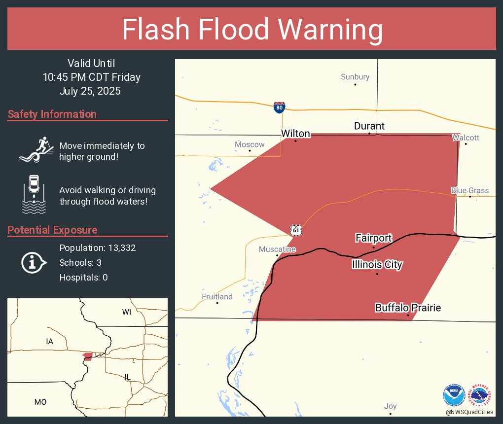 NWSFlashFlood's tweet image. Flash Flood Warning continues for Wilton IA, Durant IA and Stockton IA until 10:45 PM CDT