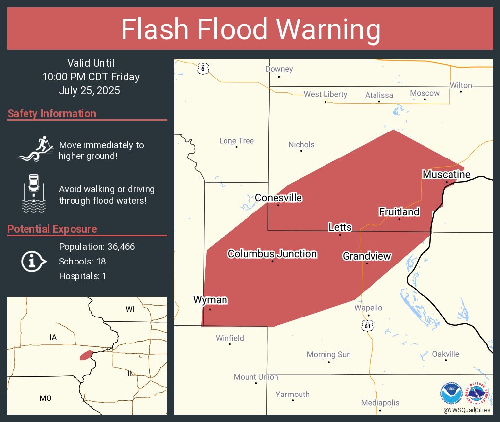 NWSFlashFlood's tweet image. Flash Flood Warning continues for Muscatine IA, Columbus Junction IA and Fruitland IA until 10:00 PM CDT