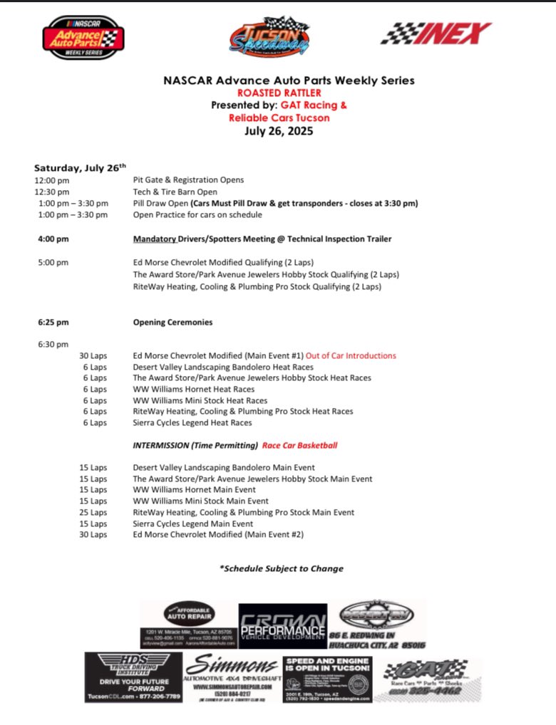 NASCAR Weekly Series Modifieds, Pro Stocks, Hobby Stocks, Mini Stocks &amp; Hornets + INEX Legends &amp; Bandoleros will ALL be in action this Saturday in The Roasted Rattler at Tucson Speedway.

Gates: 5:00pm

Tickets: myracepass.com/events/540015

Streaming: <a href="/LBTV_racing/">Low Budget TV</a>