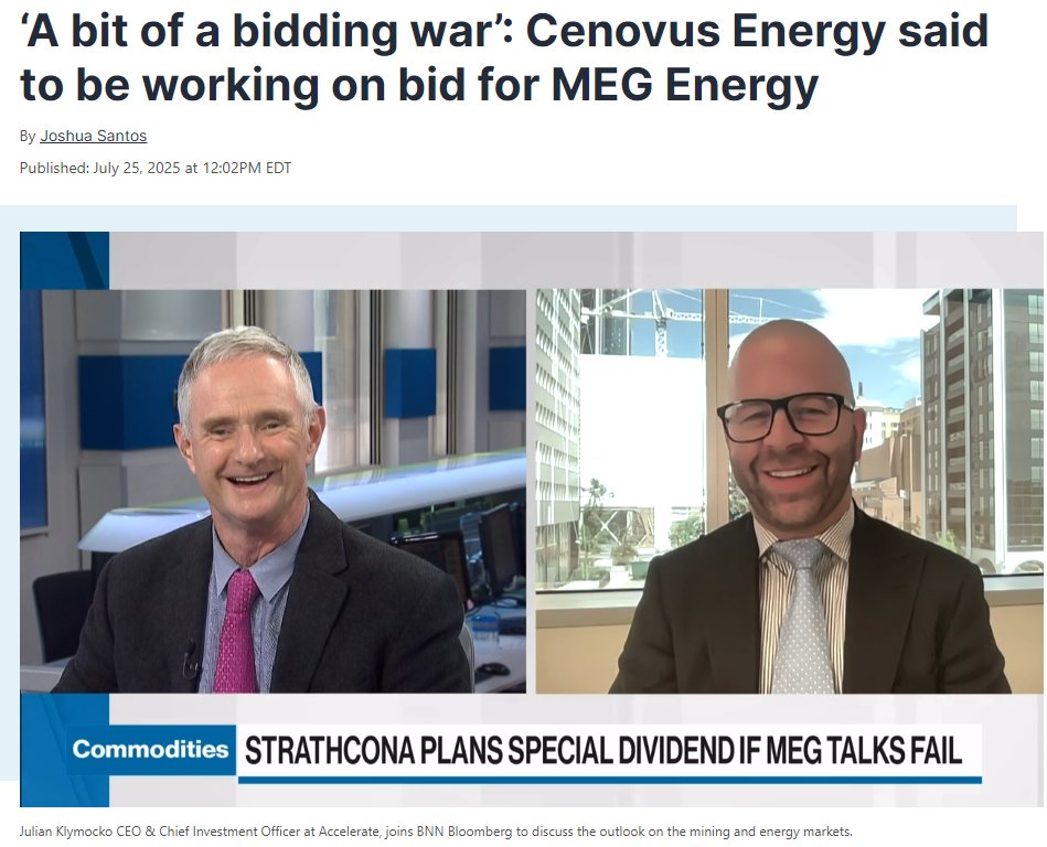 JulianKlymochko's tweet image. I joined @BNNBloomberg yesterday to discuss the rumored Cenovus white knight bid for MEG Energy, along with Teck Resources Q2 earnings, with @AndrewBellBNN  bnnbloomberg.ca/investing/comm…