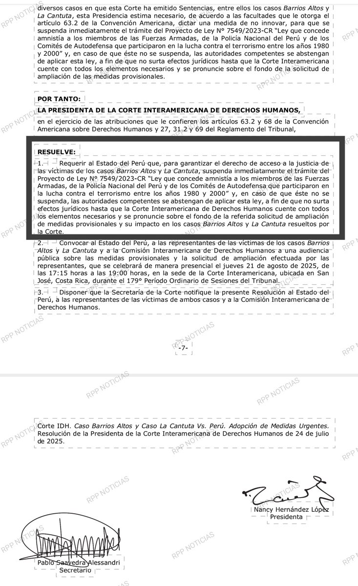 #ATENCION Corte Interamericana de Derechos Humanos requiere al Perú que suspenda "inmediatamente" el proceso de promulgación de la Ley de Amnistía a policías, militares y miembros de comités de defensa procesados y condenados por crímenes de DD.HH. El gobierno ya fue notificado