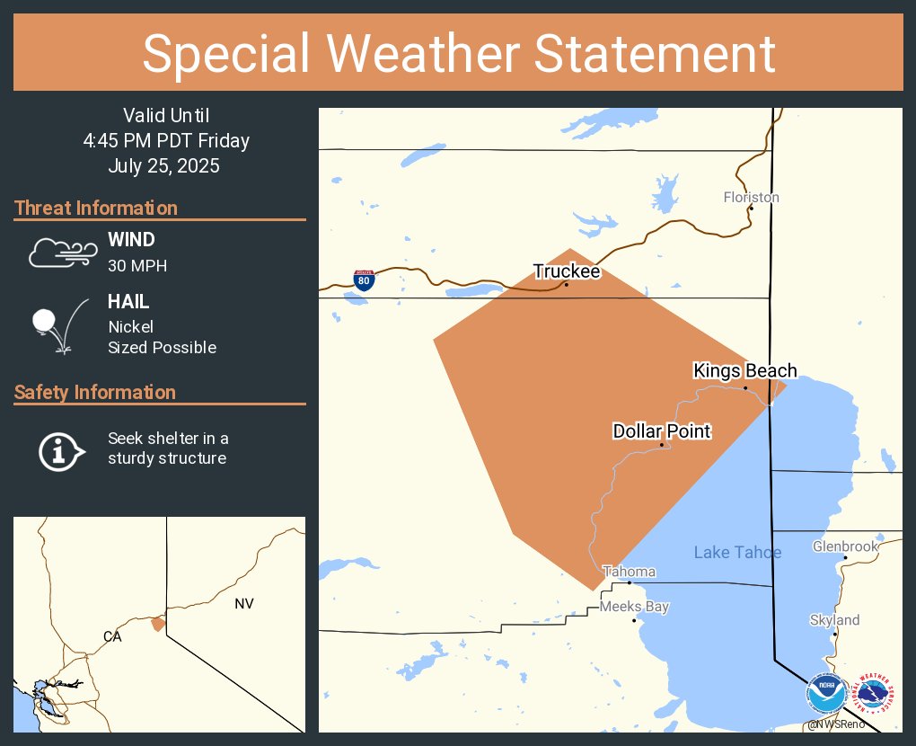 NWSReno's tweet image. A special weather statement has been issued for Truckee CA, Kings Beach CA and Tahoe Vista CA until 4:45 PM PDT #CAwx #NVwx