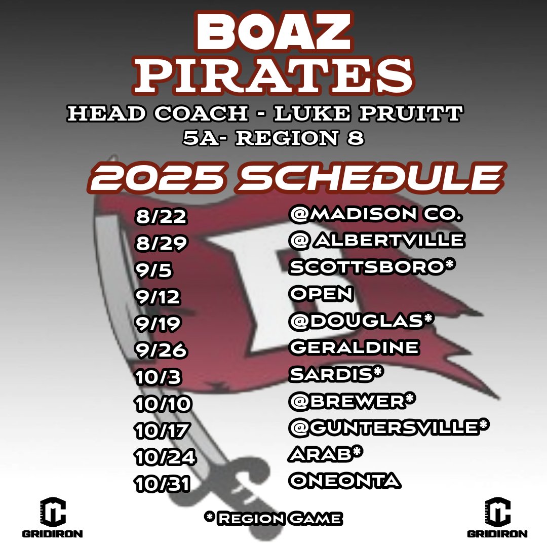 CM_gridiron's tweet image. Boaz Pirates' 2025 Football Schedule
Presented By: Walker Family Automotive