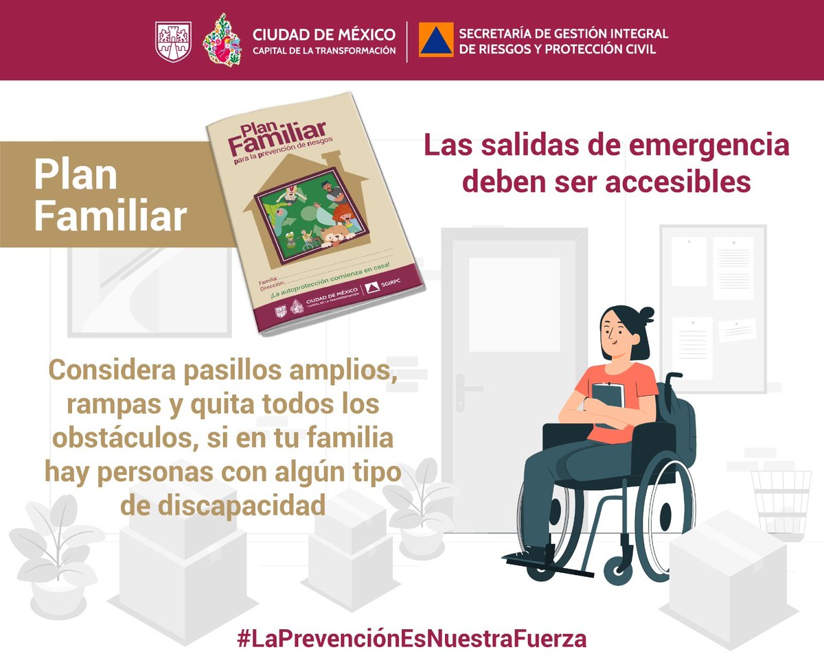 SGIRPC_CDMX's tweet image. Realiza tu Plan Familiar
1⃣Detecta/reduce riesgos dentro y fuera de tu hogar
2⃣Identifica zonas de menor riesgo
3⃣Ejecuta el plan
4⃣Realiza simulacros
Recuerda incluir a todos los integrantes de tu familia.
Desarrolla protocolos de actuación para personas con discapacidad 🦻🧑🦽.…