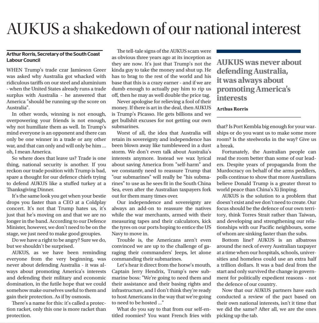 LabAgainstWar's tweet image. Great article by @ArthurRorris from NSW South Coast Labour Council on the @illawarramerc