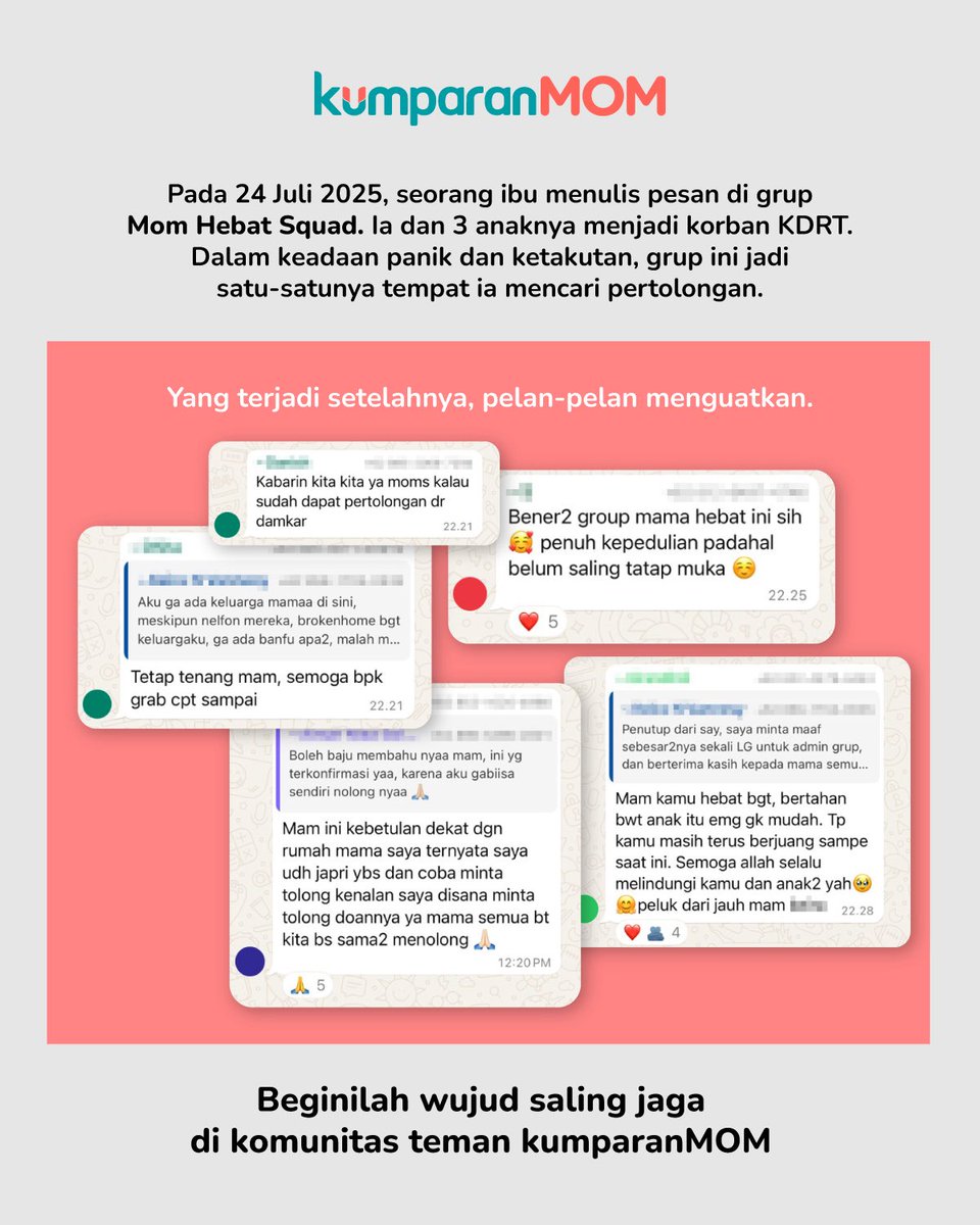 kumparan's tweet image. Di komunitas teman kumparanMOM, kami percaya: satu ibu jatuh, yang lain ikut menopang.
Seperti yang terjadi pada 24 Juli 2025. Seorang ibu mengabarkan bahwa ia dan anak-anaknya mengalami KDRT. Pesan itu ia kirim ke WAG teman kumparanMOM.
Tanpa diminta, puluhan ibu lainnya…