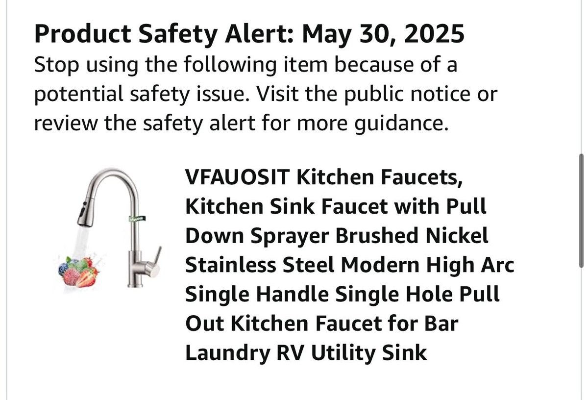 jesse_altman's tweet image. So this is cool, just got an alert from @amazon saying that our KITCHEN faucet is leaching LEAD and other contaminants into our water and to stop using it immediately.
Is this that MAHA everyone’s been talking about? Am I MAHA yet?