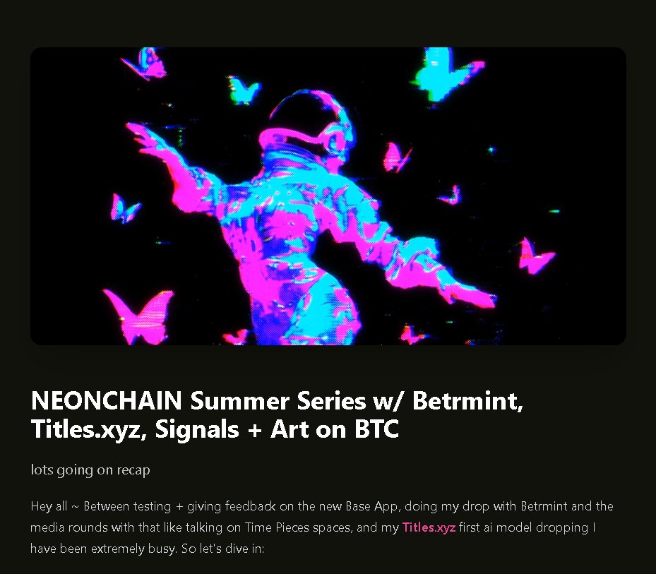 EmpressTrash's tweet image. New Paragraph done and it's a long one!
I talk about more in depth about experiences with my drop with @betrmint , Neon Noir AI model training on @titlesxyz , upcoming incoming good stuff with @SignalsArt from the @trygamma team, and featured Art on Bitcoin from…