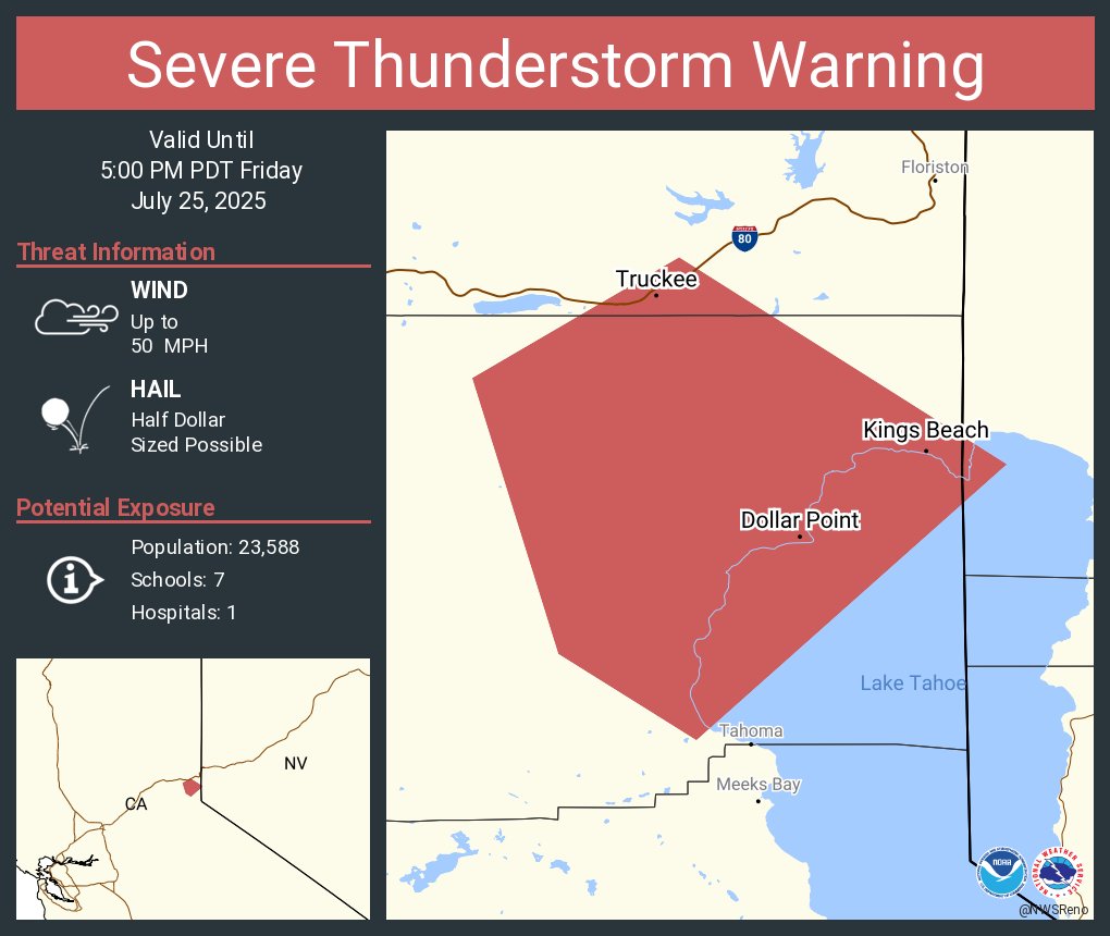 NWSReno's tweet image. Severe Thunderstorm Warning including Truckee CA, Kings Beach CA and Tahoe Vista CA until 5:00 PM PDT