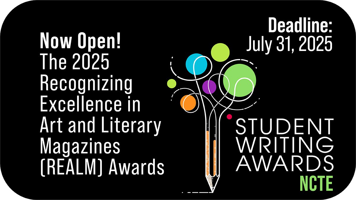 ncte's tweet image. The 2025 REALM Awards deadline is right around the corner! Celebrate student voices by submitting your school’s literary magazine or signing up to review. Let’s uplift young writers together. Learn more: tinyurl.com/4bh8h3ff 

#REALMAwards #StudentWriting #NCTE