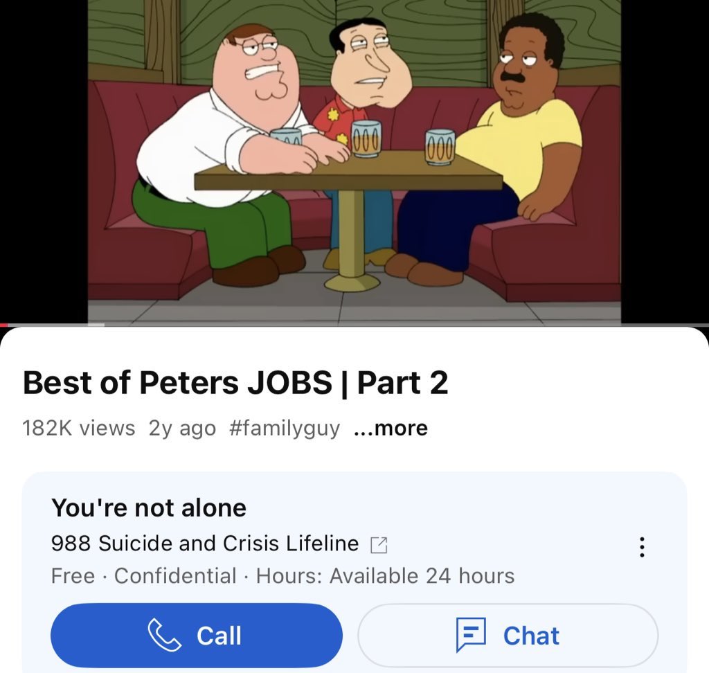 scopgieb's tweet image. Watched so many Family Guy clips that YouTube suggested I call the su*cide hotline