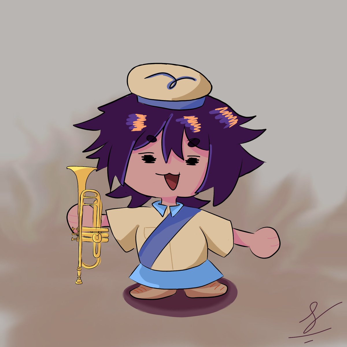cherry_34135's tweet image. Otro dibujito, de @Herobrine_H chibi con su trompeta yeiii jsjjss (lamento que la trompeta quede horrible) ✨🥲