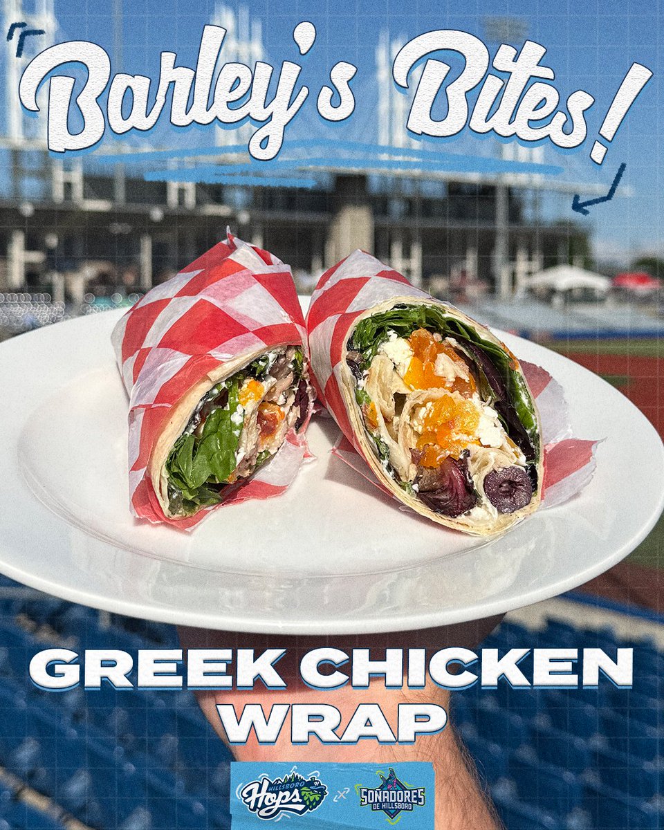 HillsboroHops's tweet image. Go Greek at Hillsboro Ballpark ✌️
Chicken, Tomato, Tzatziki, Feta, Olives on a Tortilla Wrap, all served from Change-up!