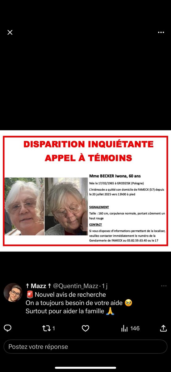 Quentin_Mazz's tweet photo. @Ornithorynqus Non malheureusement je te partage d’autres photos si jamais 👀
La famille n’a toujours pas de nouvelles et plusieurs battus - marches etc sont organisés chaque jour sur what’s ap pour essayer de la retrouver 🙏 https://t.co/E8Ei3gZy4k