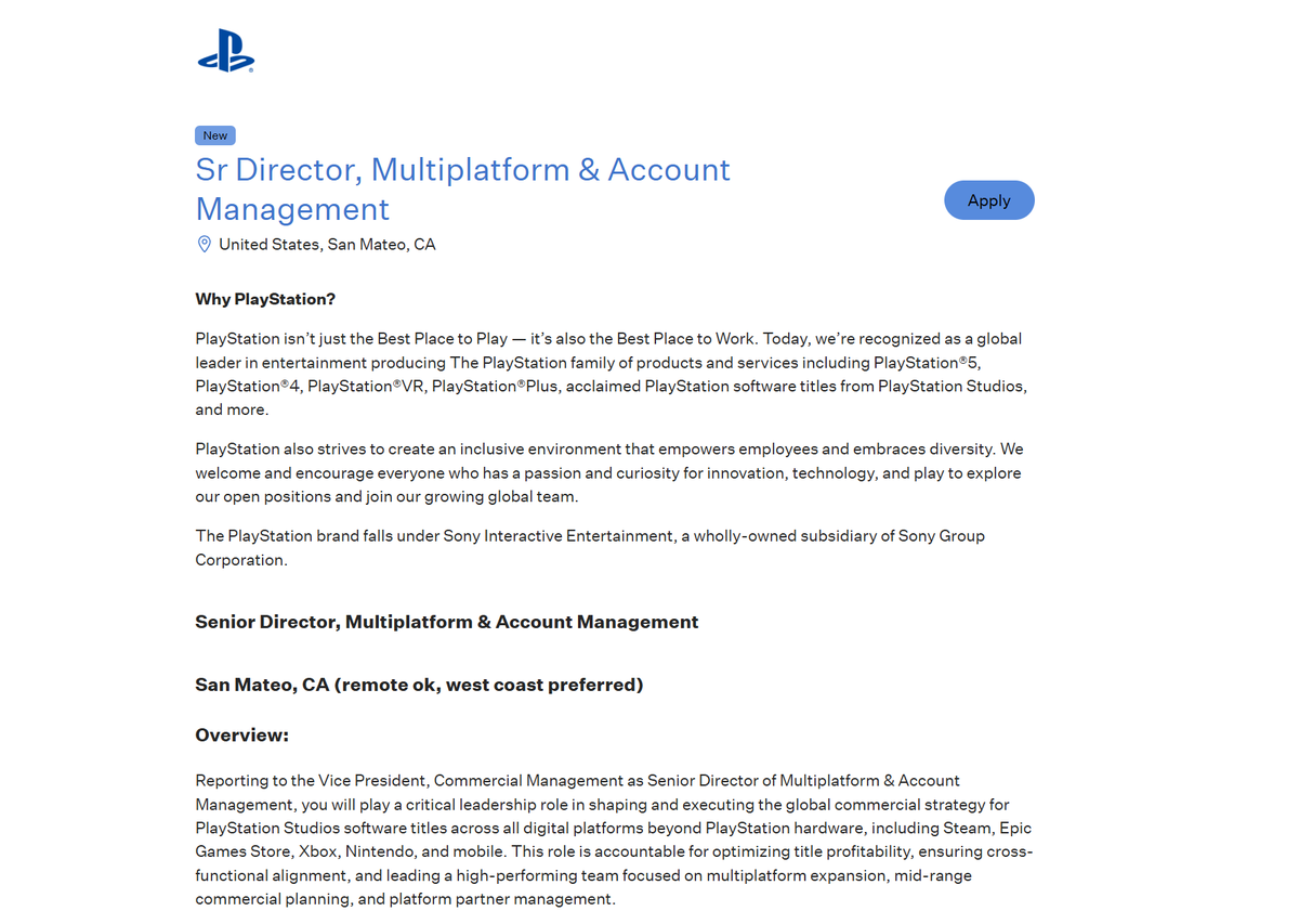 Krozthh's tweet image. Según una oferta laboral de Sony, PlayStation Studios ampliará sus juegos en más plataformas como Steam, Epic Games Store, Xbox, Nintendo y dispositivos móviles.
Parece que la era de los exclusivos está llegando a su fin.