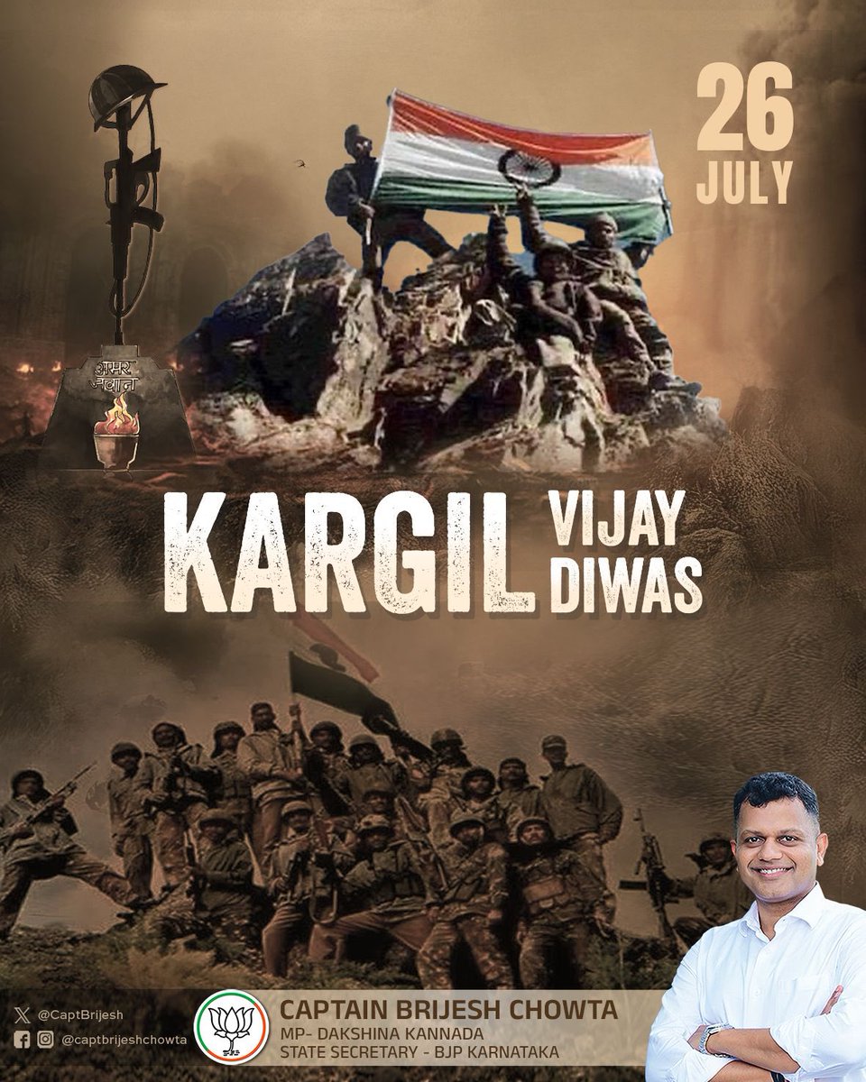 CaptBrijesh's tweet image. As a Fauji, I carry their memory.
As a citizen, I bow to their courage.
On #KargilVijayDiwas, I salute my brothers who stood firm for Bharat on the highest peaks - and those who never came back.
Your fire lives on.
जय हिन्द