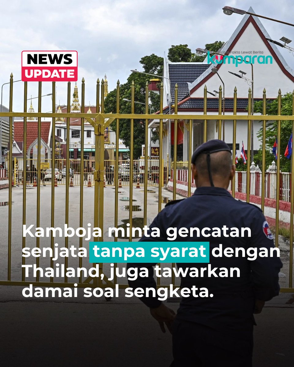 kumparan's tweet image. Kamboja menyerukan gencatan senjata segera dan tanpa syarat kepada Thailand, menyusul bentrokan bersenjata yang terus berlangsung di perbatasan kedua negara.
Seruan tersebut disampaikan oleh Duta Besar Kamboja untuk PBB, Chhea Keo, usai pertemuan tertutup Dewan Keamanan PBB…