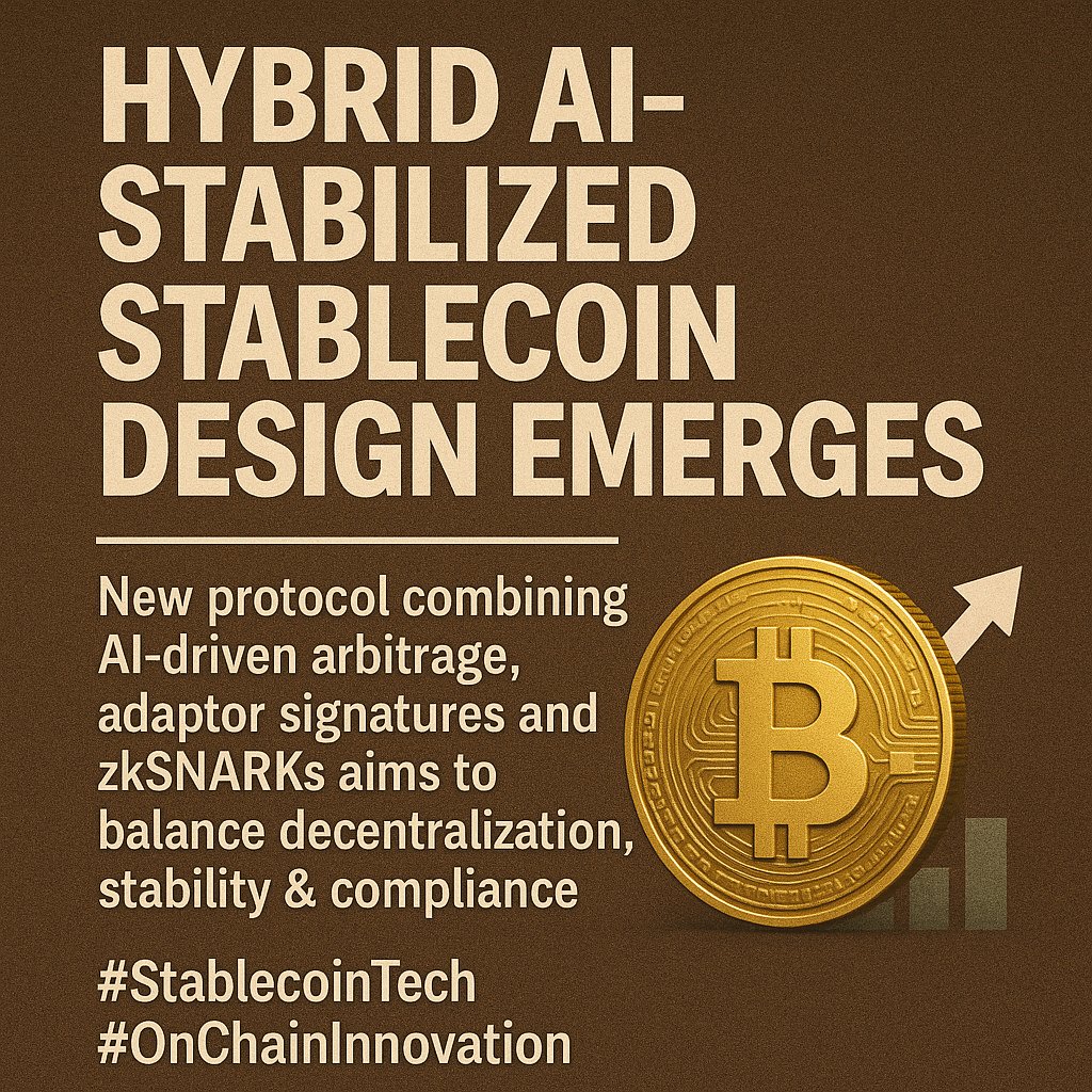 OnchainMirage's tweet image. 🧠 Hybrid AI-stabilized stablecoin design emerges – New protocol combining AI‐driven arbitrage, adaptor signatures and zkSNARKs aims to balance decentralization, stability &amp;amp; compliance. #StablecoinTech #OnChainInnovation