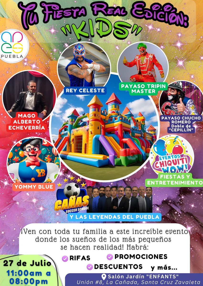 mx_observa's tweet image. 🎉 ¡Este 27 de julio vive “Tu Fiesta Real Kids”!
🎈Rifas, descuentos, shows y mucha diversión para toda la familia.
🤡 Mago, payasos, fútbol y más
📍Salón Jardín Enfants, Santa Cruz Zavaleta
🕚 11 a.m. - 8 p.m.