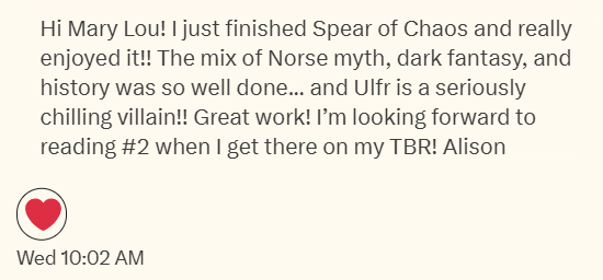 wellsmarylou1's tweet photo. I am thrilled when another author reads my work and says things like this because I know it's genuine. Thank you for reading, Alison! https://t.co/P06jDn0aR3