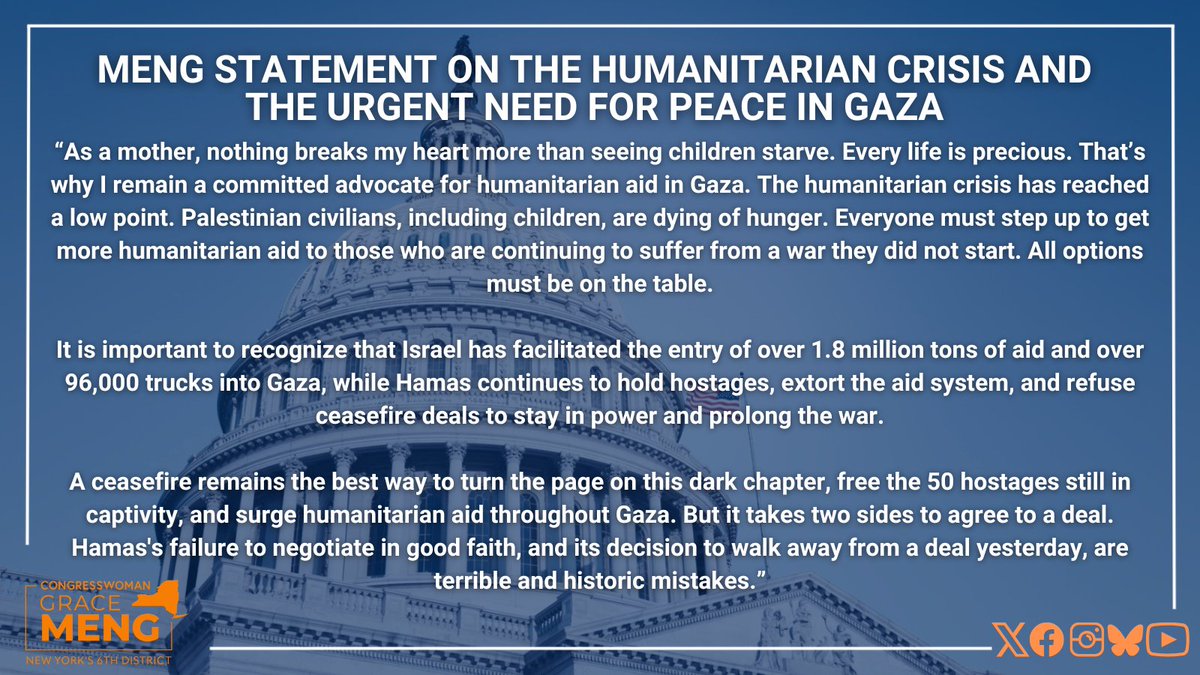 Grace Meng (@repgracemeng) on Twitter photo My full statement on the humanitarian crisis and the urgent need for peace in Gaza👇 My full statement on the humanitarian crisis and the urgent need for peace in Gaza👇