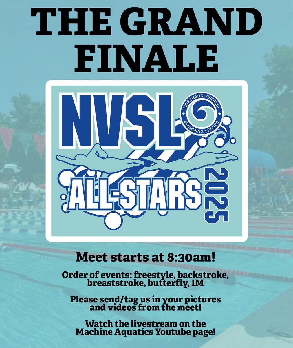 The grand finale to an amazing summer is HERE!! Good luck to all swimmers at 2025 All Stars!! ⭐️🏊‍♂️⭐️🏊‍♀️⭐️🏊‍♂️

📺Watch the livestream here: youtube.com/@machineaquati…

📊Results on Meet Mobile
