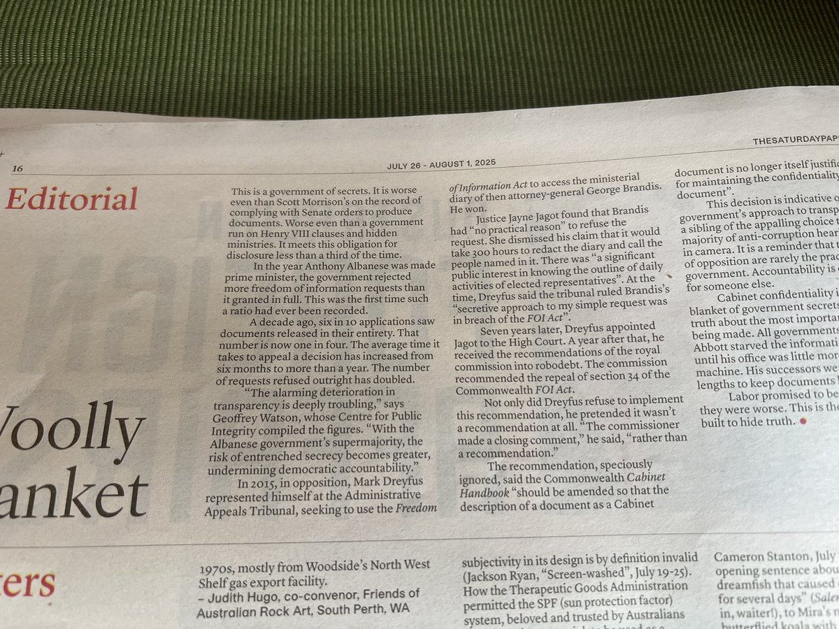 "The alarming deterioration in transparency is deeply troubling,"
says Geoffrey Watson, whose Centre for Public Integrity compiled the figures. "With the Albanese govs supermajority, the risk of entrenched secrecy becomes greater, undermining democratic accountability."

#auspol