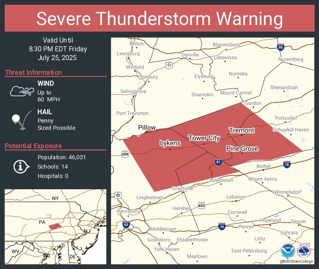 NWSStateCollege's tweet image. Severe Thunderstorm Warning including Pine Grove PA, Lykens PA and Tremont PA until 8:30 PM EDT