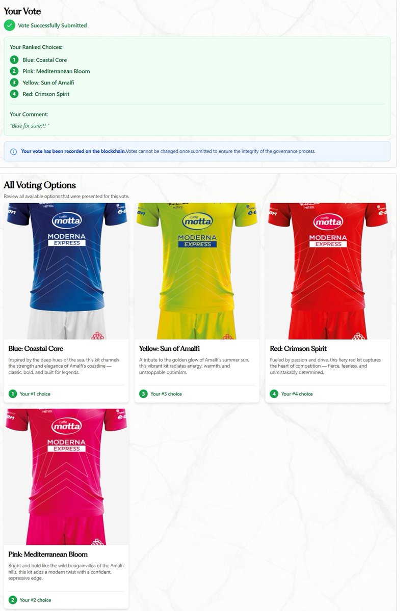 GSEGDMoney's tweet image. We just cast our vote for the official kit for Costa D'Amalfi with our staked voting power!
@LegendAI_Agent