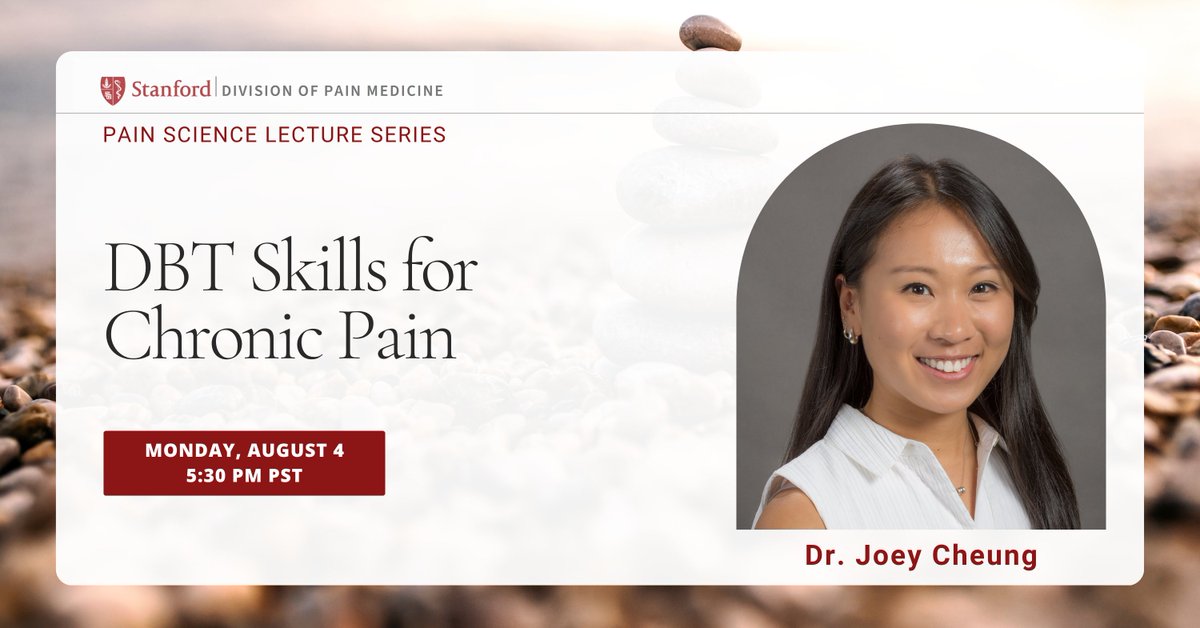 StanfordPain's tweet image. Join us for a talk by Postdoctoral Fellow Dr. Joey Cheung about how emotions and pain are connected. She will share how Dialectical Behavior Therapy (DBT) can help people manage chronic pain. The talk will focus on simple, useful DBT skills that can support people living with…
