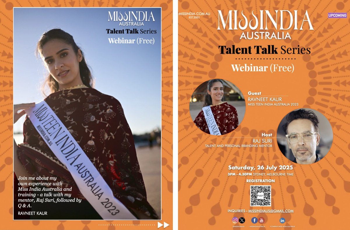 rajsuritraining's tweet photo. Today! Tune in to #TalentTalkbyRajSuri! ✨👑 Miss India Australia Talent Talk Series. @MissIndiaAus 
Host: @rajsuri
Guest : Ravneet Kaur, Miss Teen India Australia 2023, law student from Perth
Time 🕒 3PM online.
RSVP Essential to get the login details
🔗 https://t.co/TOYsOP5dqO https://t.co/TDl7CBOtWm