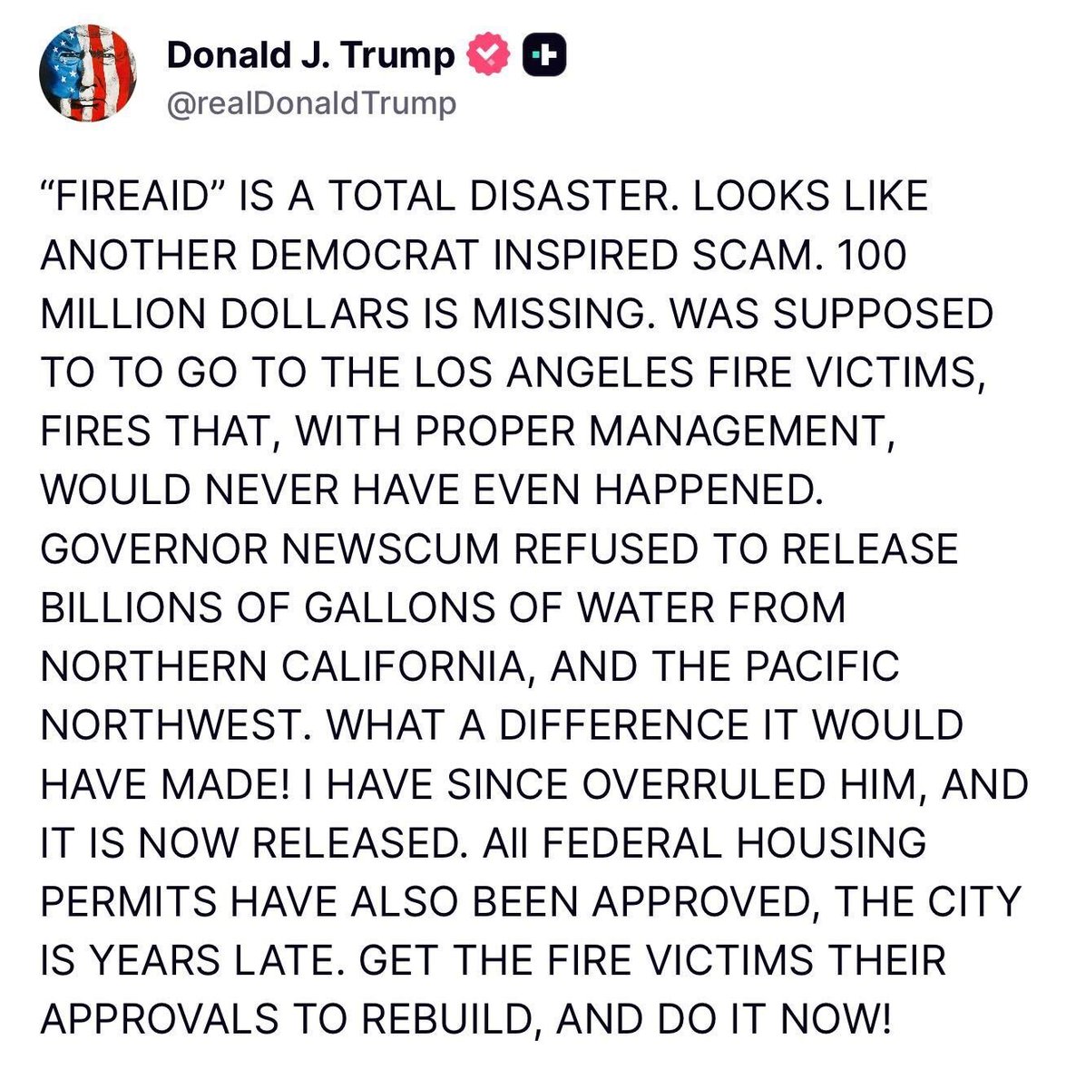 🚨 BREAKING: President Trump just blew the lid WIDE OPEN on the $100 million California fire disaster aid scam - SLAMS Gavin Newsom.

A concert garnered $100M...but it didn't go right to victims. Trump's fuming.

"LOOKS LIKE ANOTHER DEMOCRAT INSPIRED SCAM. 100 MILLION DOLLARS IS
