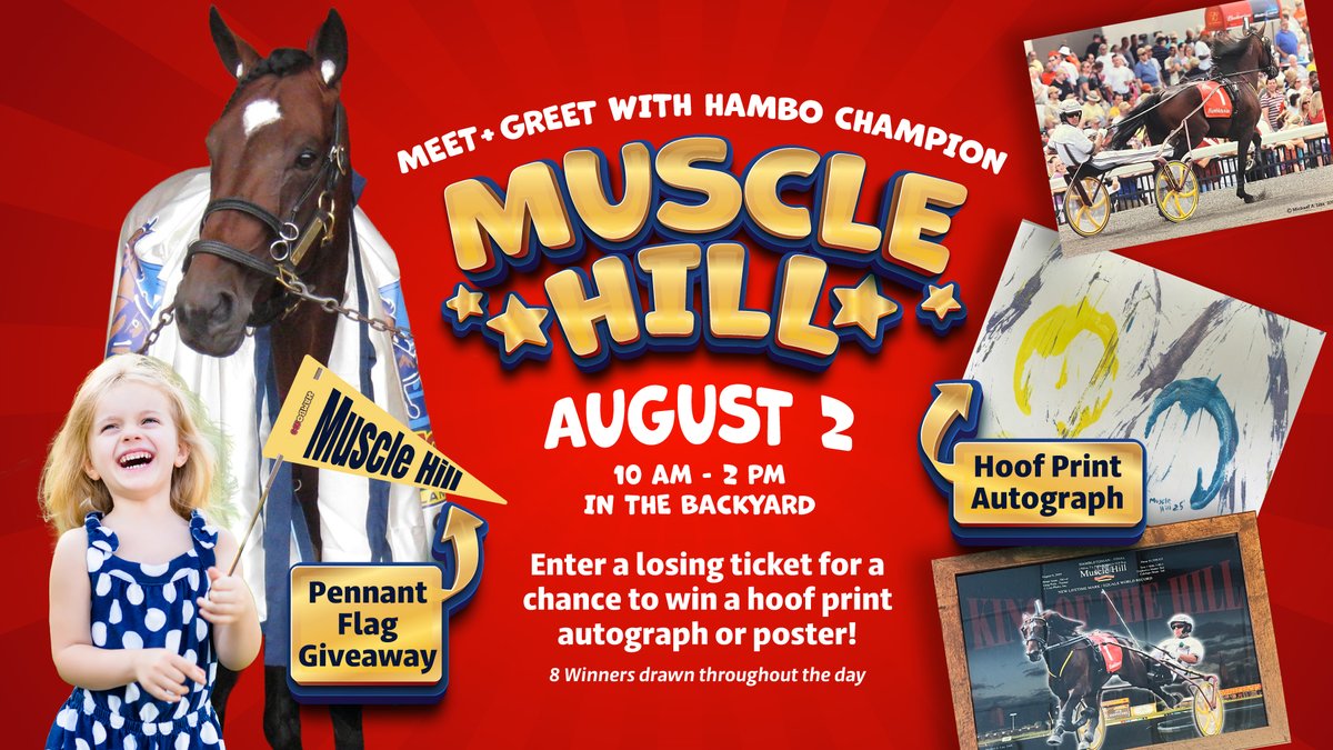 𝐌𝐔𝐒𝐂𝐋𝐄 𝐇𝐈𝐋𝐋 𝐌𝐄𝐄𝐓 &amp; 𝐆𝐑𝐄𝐄𝐓

We are so excited to announce that Muscle Hill will be with us on Hambo Day from 10am - 2 pm! #playbigm #harnessracing #hambo100 #hambochamp