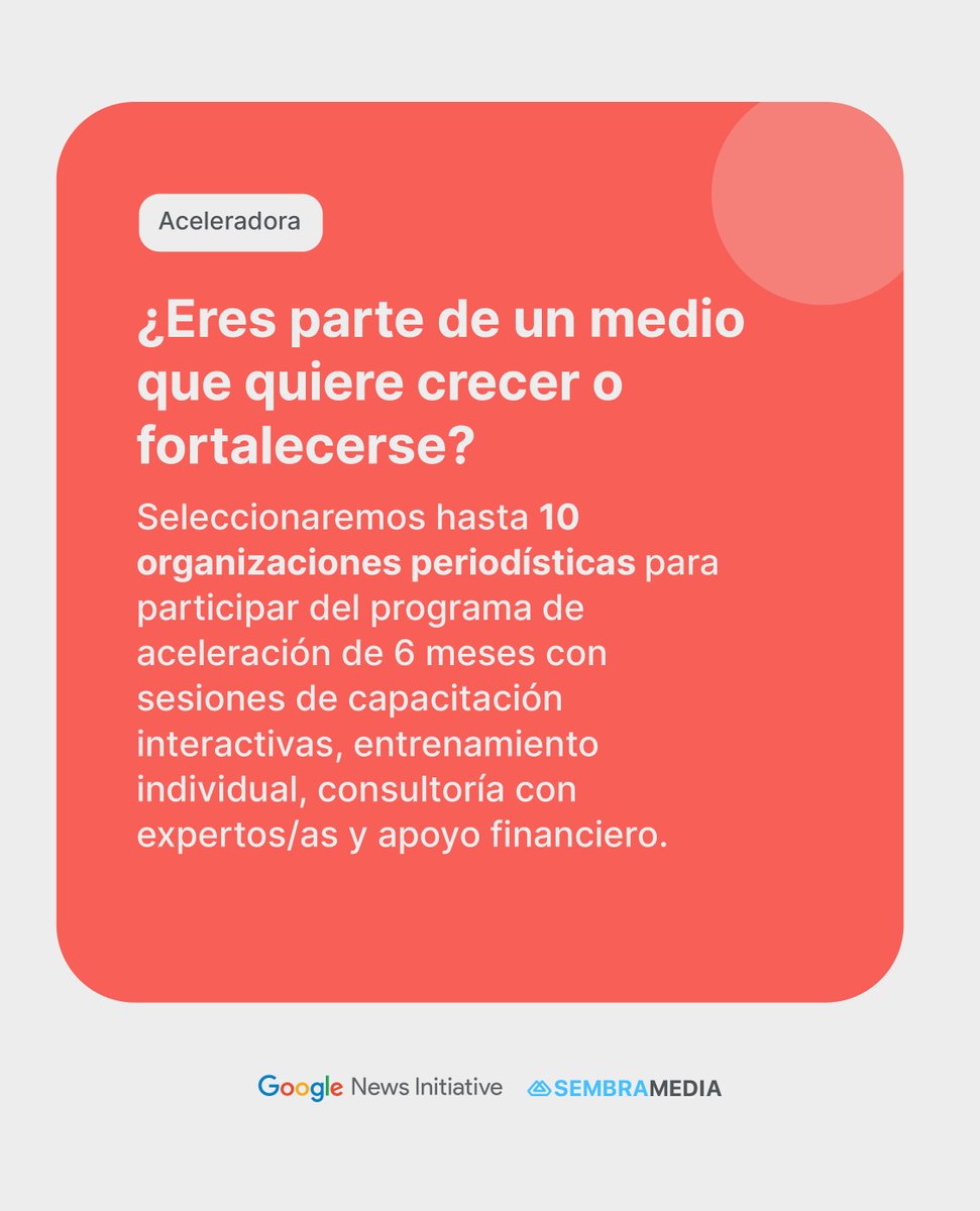 googleespanol's tweet image. 🚨Buscamos periodistas y medios en 🇦🇷🇨🇱🇨🇴🇲🇽🇵🇪
Abrimos convocatoria de GNI Startups Lab 2025, un programa de incubación o aceleración para proyectos periodísticos
✅Apoyo financiero
✅Mentorías personalizadas
✅Formación intensiva
🗓️Aplica hasta 27/08→newsinitiative.withgoogle.com/es-mx/gni-star…