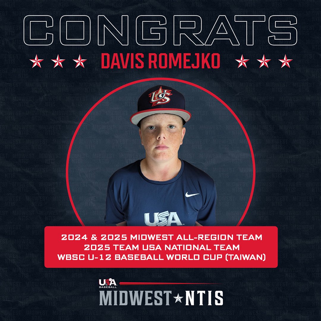 MidwestNTIS's tweet image. Congrats to @USABaseball Midwest All-Region Team member, Davis Romejko, and his family! Davis is from St. Charles, Illinois and is currently in Taiwan playing for our 12U National Team! Good luck and safe travels!
#USABaseball🇺🇸 #MidwestDugout🥇
