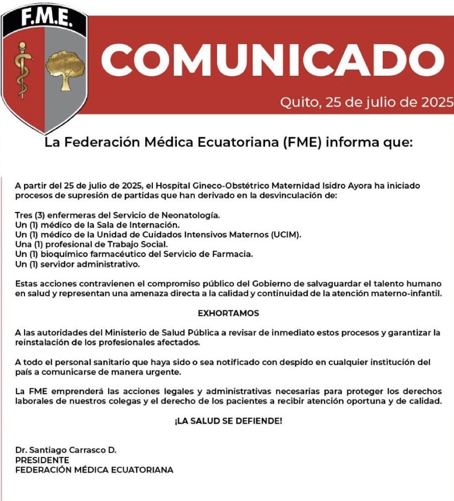 ¿Médicos desvinculados de hospitales?
La vocera del gobierno de #Daniel Noboa, Carolina Jaramillo, aseguró que los despidos en el sector público, no contemplaban a médicos, enfermeros, personas en grupos vulnerables o policías. 
Sin embargo, la Federación Médica Ecuatoriana