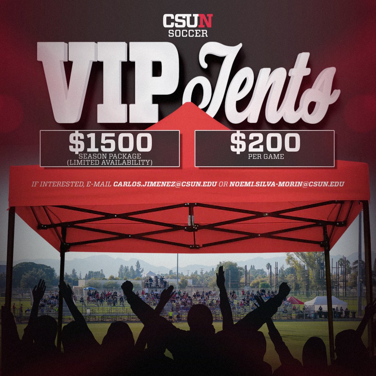 CSUN Matadors (@gomatadors) on Twitter photo Experience CSUN Soccer games like never before in our exclusive VIP Soccer Tents!
♦️Best view on the field
♦️Shaded sideline seating
♦️Exclusive access area
♦️Perfect for groups
♦️10 seats per tent
Reserve your spot now.
#GoMatadors x <a href="/CSUNMensSoccer/">CSUN Men's Soccer</a> x <a href="/CSUNWSoccer/">CSUN Women’s Soccer</a> Experience CSUN Soccer games like never before in our exclusive VIP Soccer Tents!
♦️Best view on the field
♦️Shaded sideline seating
♦️Exclusive access area
♦️Perfect for groups
♦️10 seats per tent
Reserve your spot now.
#GoMatadors x <a href="/CSUNMensSoccer/">CSUN Men's Soccer</a> x <a href="/CSUNWSoccer/">CSUN Women’s Soccer</a>
