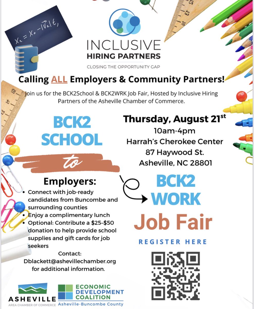Join the <a href="/AVLChamber/">Asheville Chamber</a> for the BCK2 SCHOOL and BCK2 WORK Job Fair.