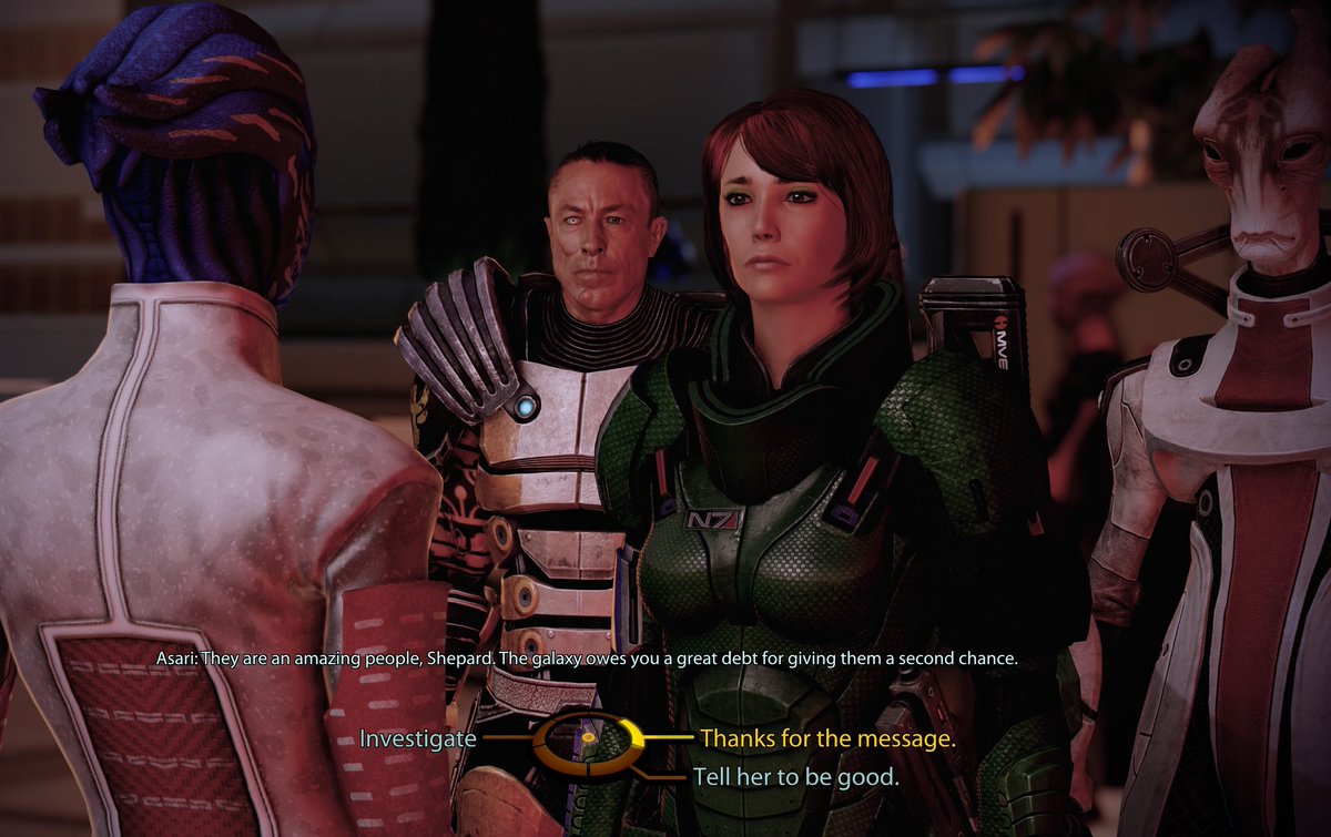 zaeedmassanis's tweet image. i really like how shepard just randomly starts talking to some weird asari posessed by a rachni queen and zaeed and mordin are just standing there waiting for someone to tell them what tf is even going on