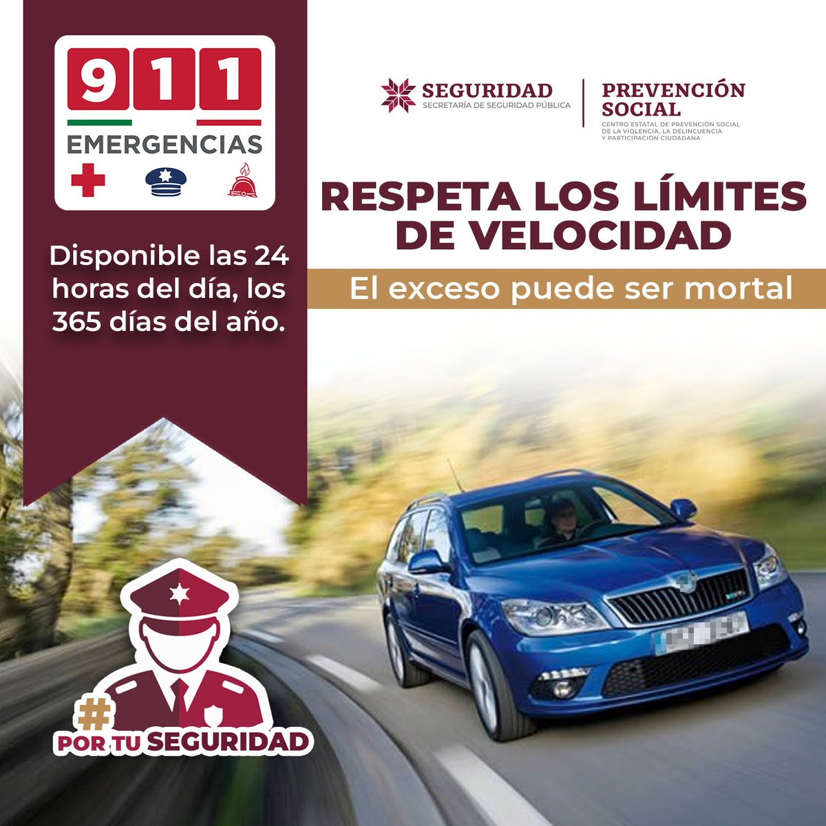 🚗¡No pongas en riesgo tu vida ni la de los demás!
⏱️ Respeta los límites de velocidad y llega seguro a tu destino.
📞911 Emergencias