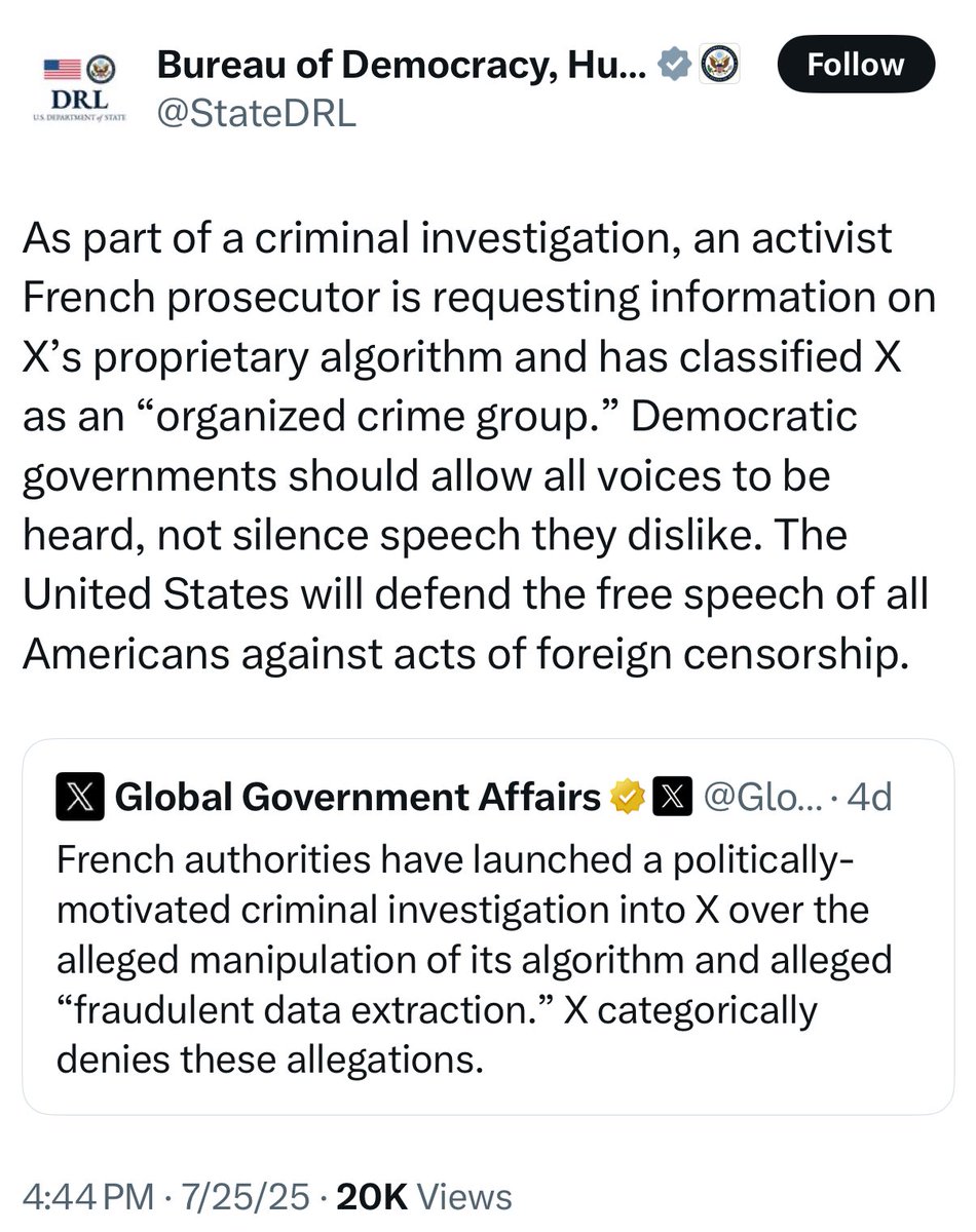 HOLY SMOKES

French authorities just classified X as an “organized crime group.”

This is a blatant attempt to suppress and censor voices they disagree with and shut down free speech.

This witch hunt is so obviously politically motivated.

Pure insanity.