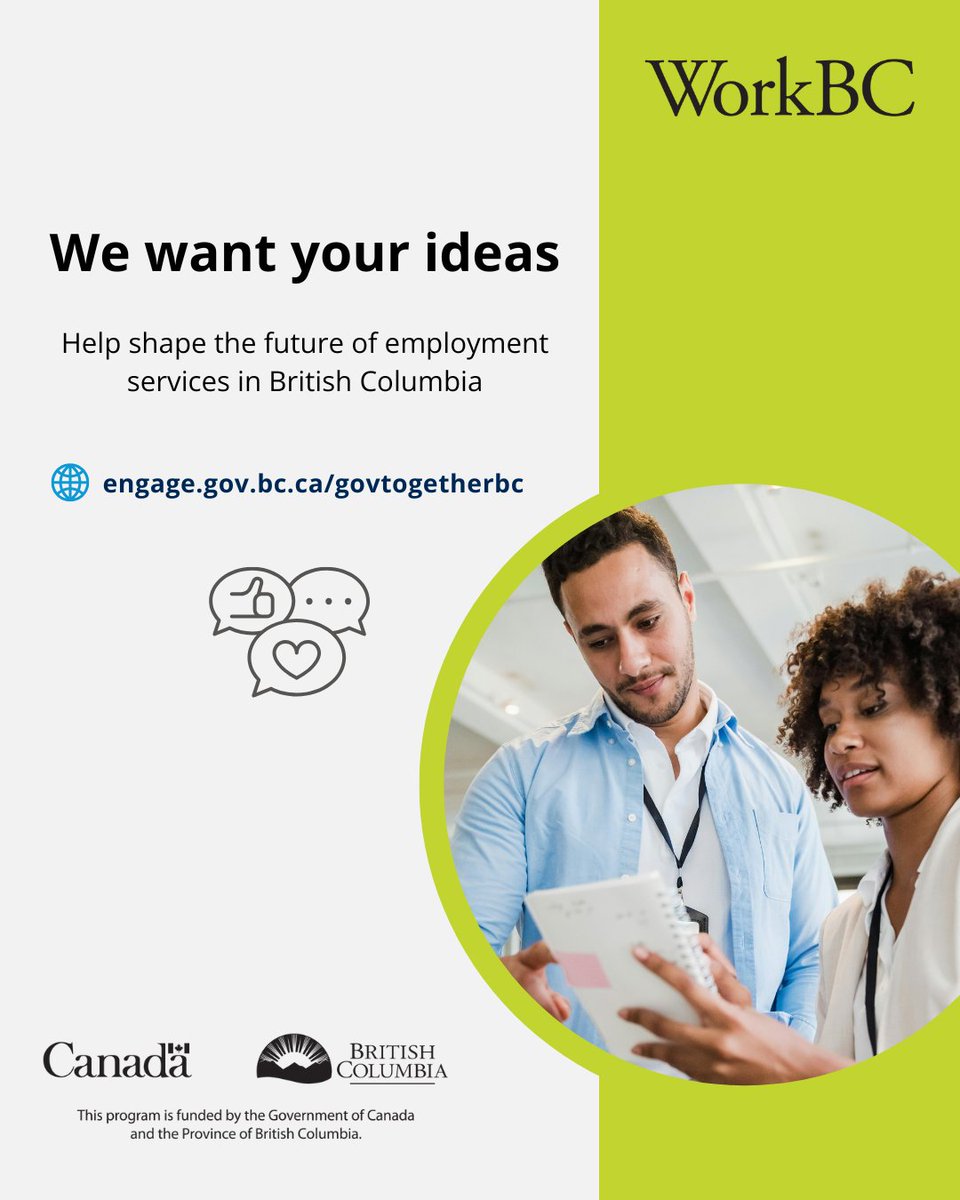 We’re designing a new future for WorkBC employment services. Share your thoughts on the direction through the survey at: engage.gov.bc.ca/govtogetherbc/…

#WorkBC #govTogetherBC #Engagement #WorkBCCentres