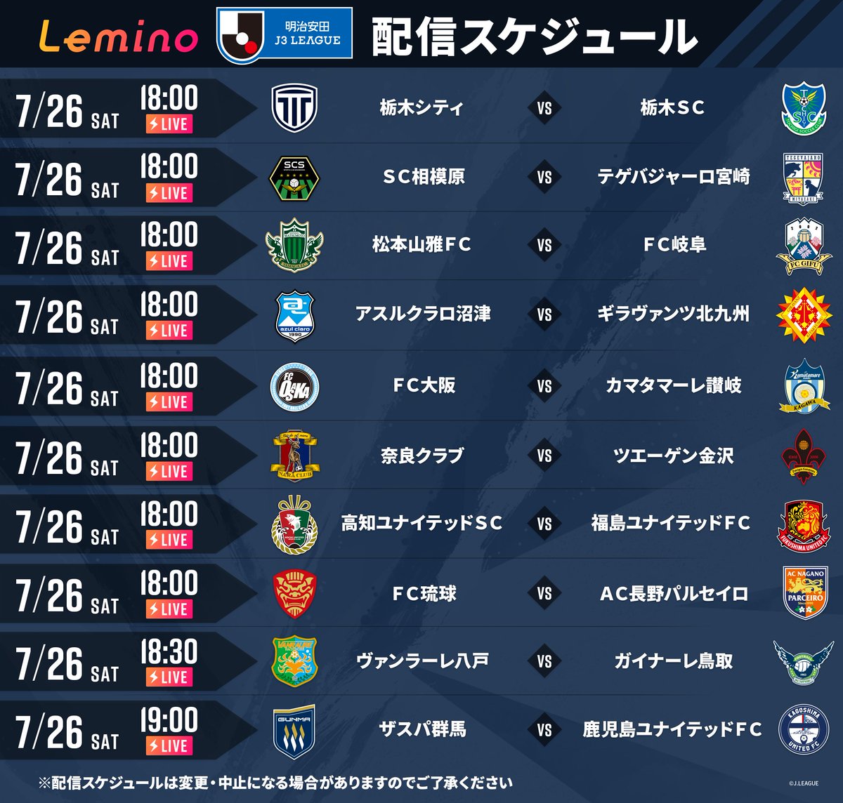 Lemino_official's tweet image. //
#J3リーグ
本日の配信スケジュールをお知らせ📢
\\
#レミノ では2025明治安田J3リーグを
全試合“無料”でライブ配信👏
試合のご視聴はこちらから!
>> lemino.docomo.ne.jp/contents/Y3JpZ…
@J_League #Jリーグ