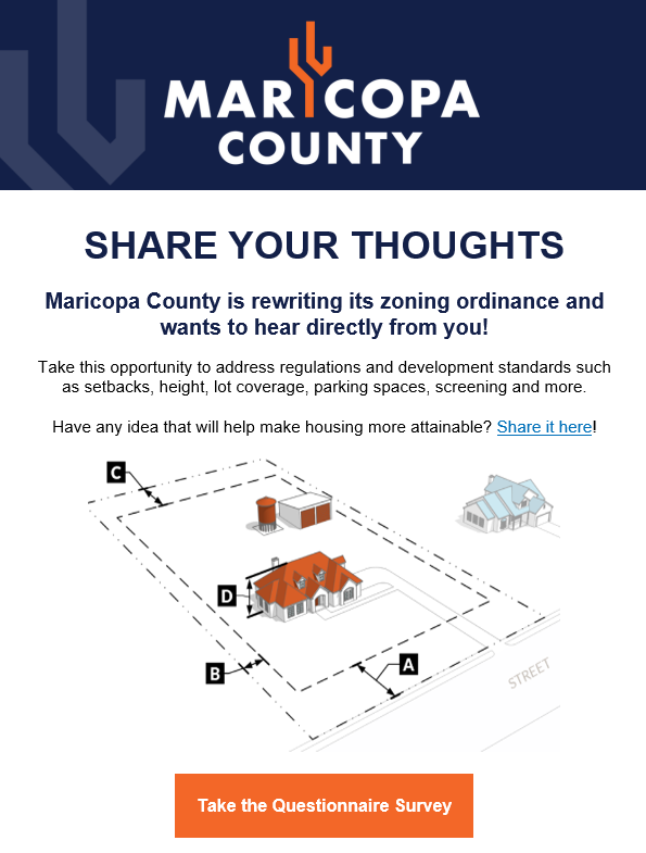 Maricopa County is rewriting its zoning ordinance—and we want your input! Now’s your chance to help shape future rules around housing, parking, building height, and more.

Got ideas to make housing more attainable? Let’s hear them.💬 Share your feedback: ow.ly/FjRY50WsZhB