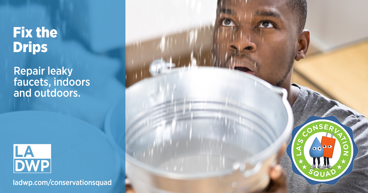 LADWP's tweet image. Leaky faucets could be costing you money. Make repairs to #SaveMoney and #SaveWater