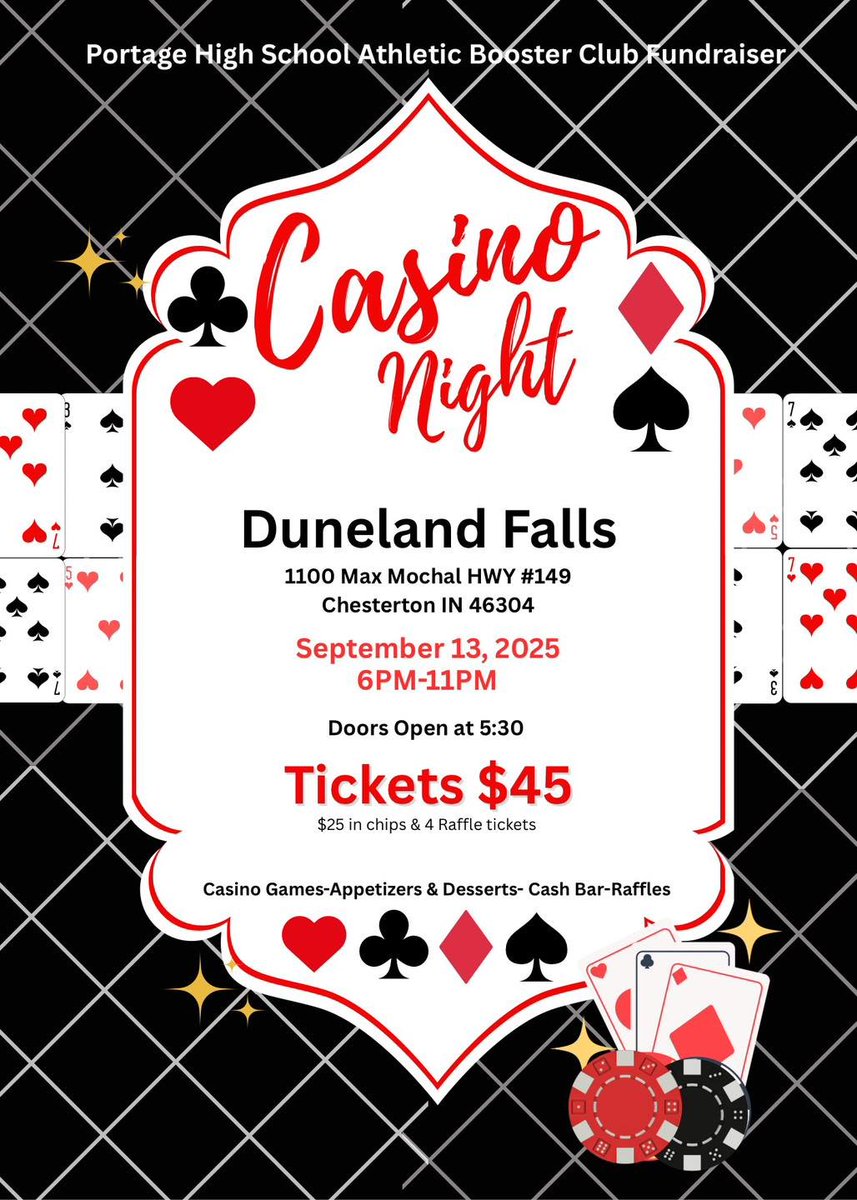 PortageLife's tweet image. Interested in supporting @portageathleti1? Come out to Casino Night on Sept. 13th, presented by @portagehighschoolathleticboosterclub! Ask any coach for tickets, or grab them at the athletic office. | @PORTAGEHS

Graphic credit: Portage HS Athletic Booster Club